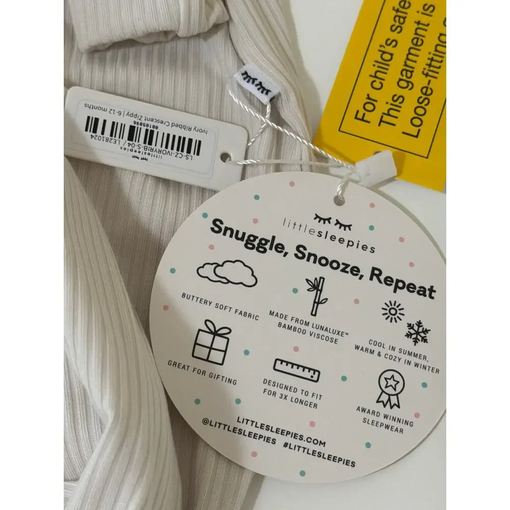 Little Sleepies NWT Ribbed Crescent Bamboo Zippy Pajama 6-12 Months  White Sand